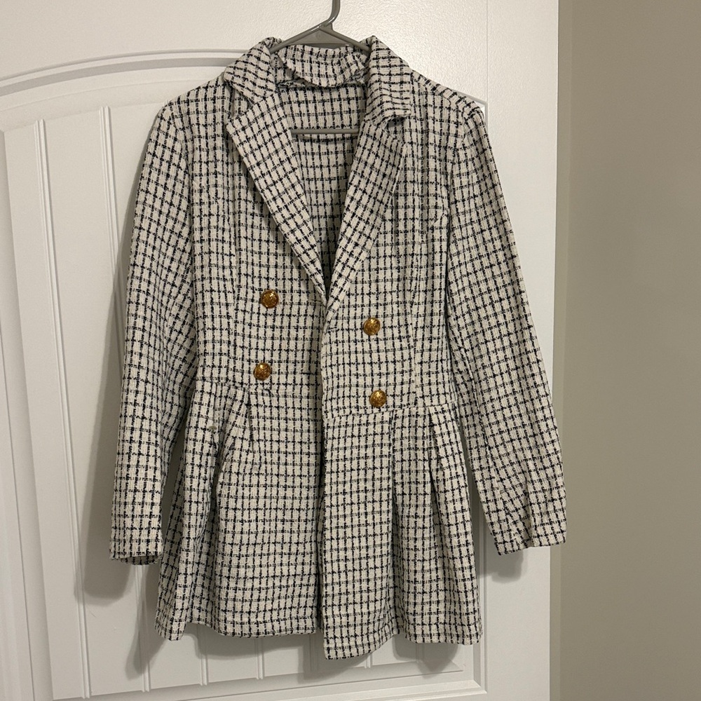 SHEIN Black and White Checkered Trench Coat